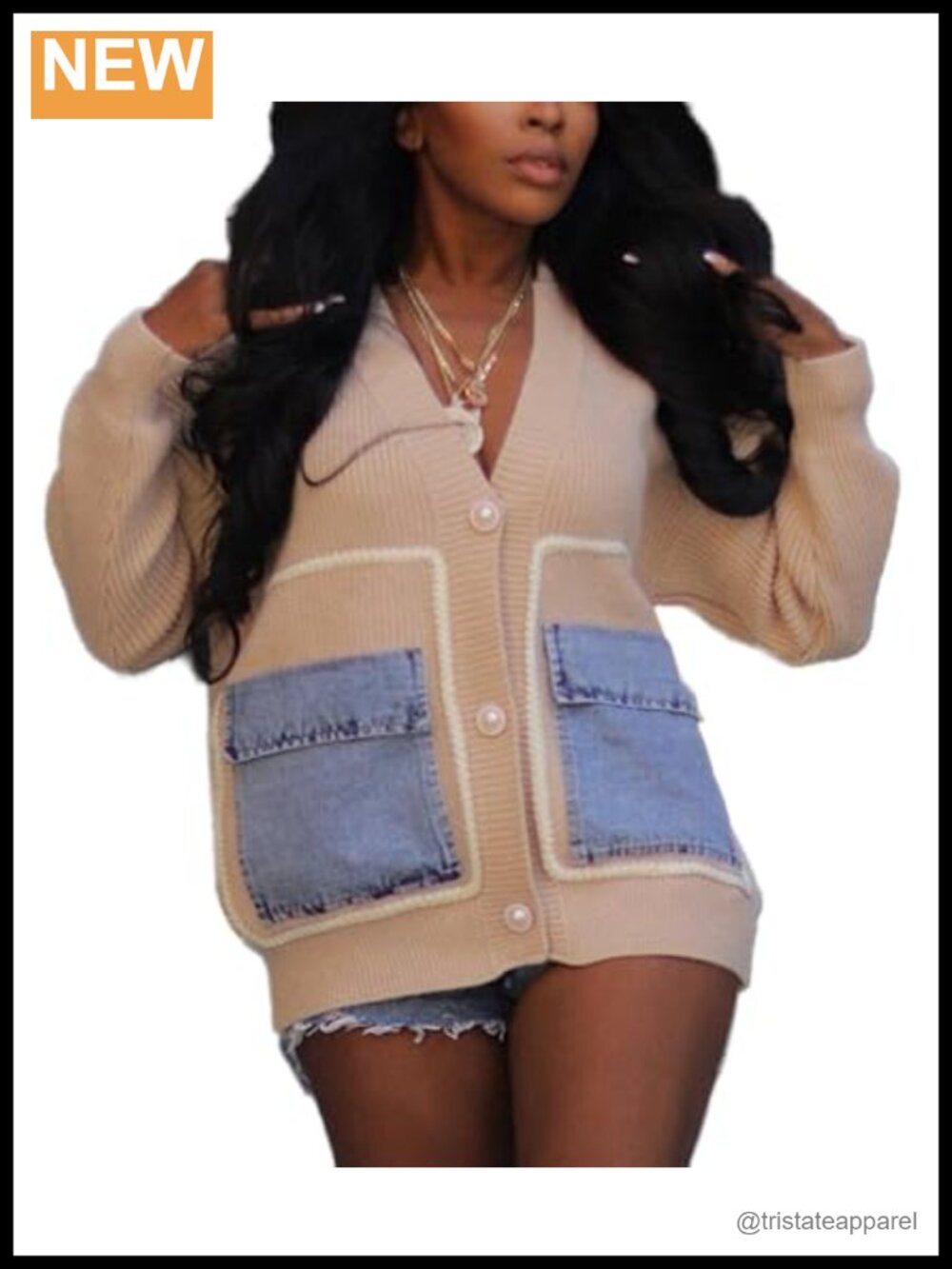 Chunky Knit Cardigan Button Down Sweater with Denim Pockets